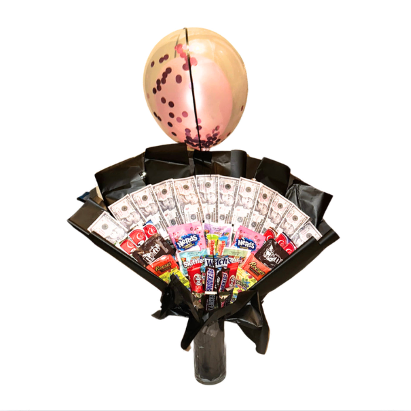 Candy/ Money/ Balloon Arrangement in Tall Glass Vase
