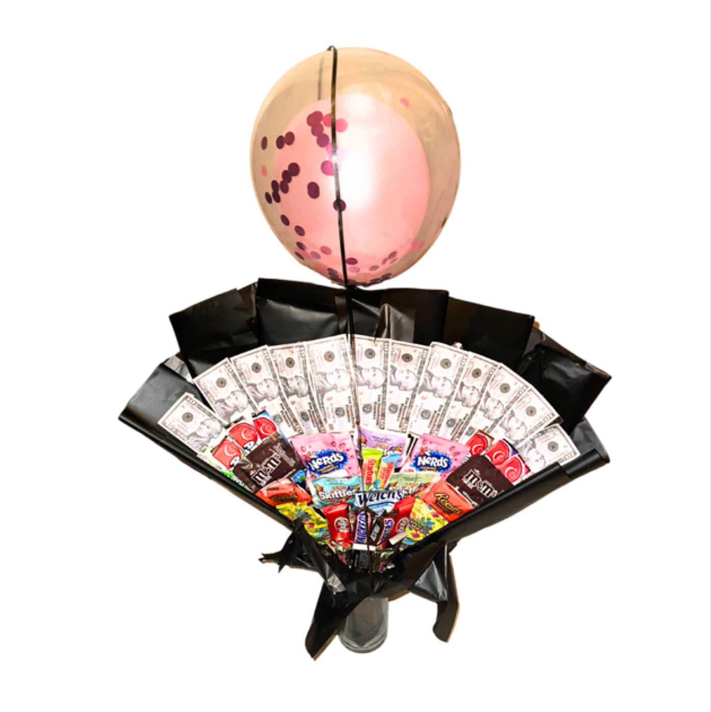 Candy/ Money/ Balloon Arrangement in Tall Glass Vase